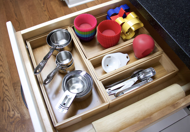 baking kitchen utensils organized in bamboo boxes #bamboo #organized