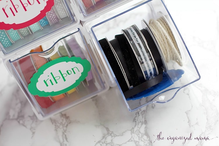 custom sticker labels on bin with ribbon inside