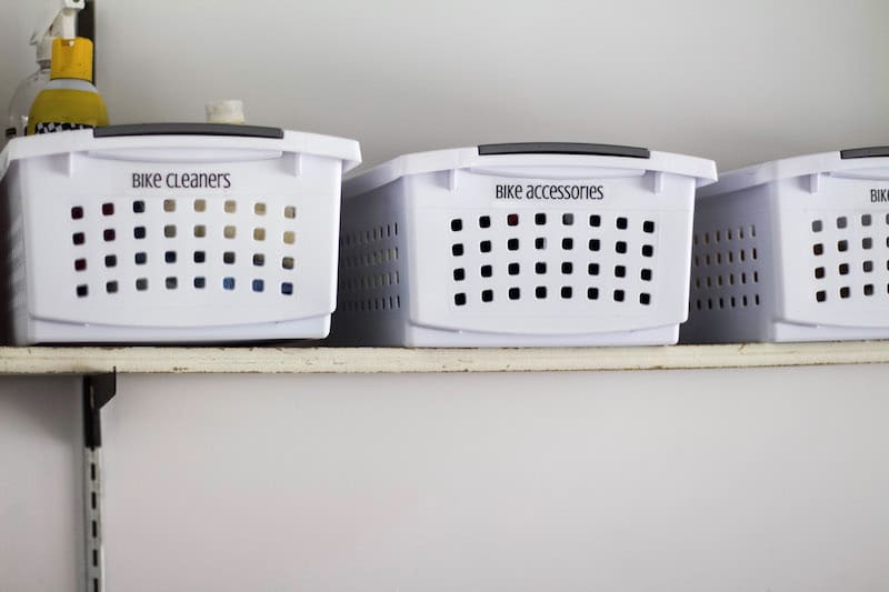 Professional Organizer shares tips on how to utilize space to create garage bike storage that won't break the bank. Plus ideas for bike supply organization. #garageorganization #bikestorage