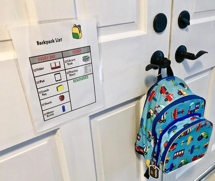 Kid's backpack hanging on a door next to a list.