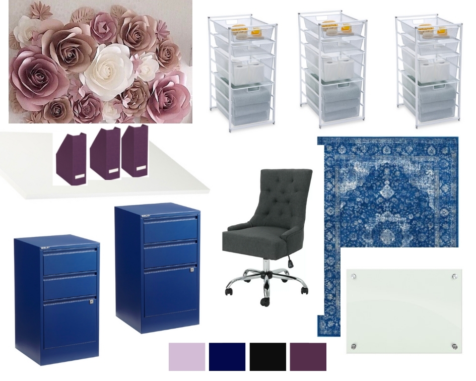 Learn tips for how to create a functional small office design with product recommendations, floor plan, and inspiration board. #office #moodboard