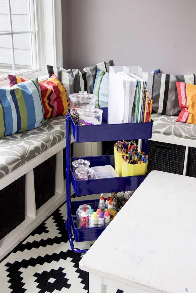 art cart with magazine holders to store kids papers in play room