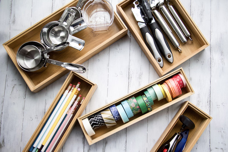 drawer organizers with items inside