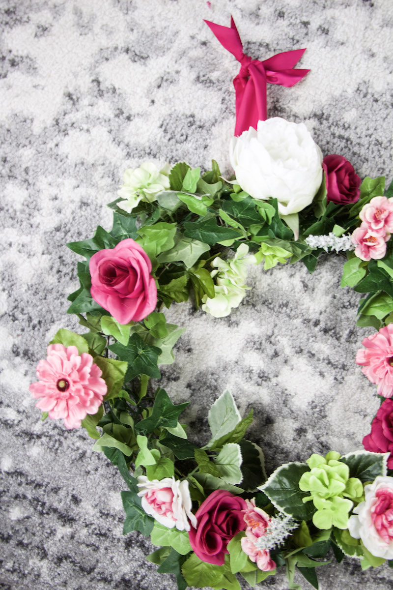 pink flower wreath with pink ribbon #spring