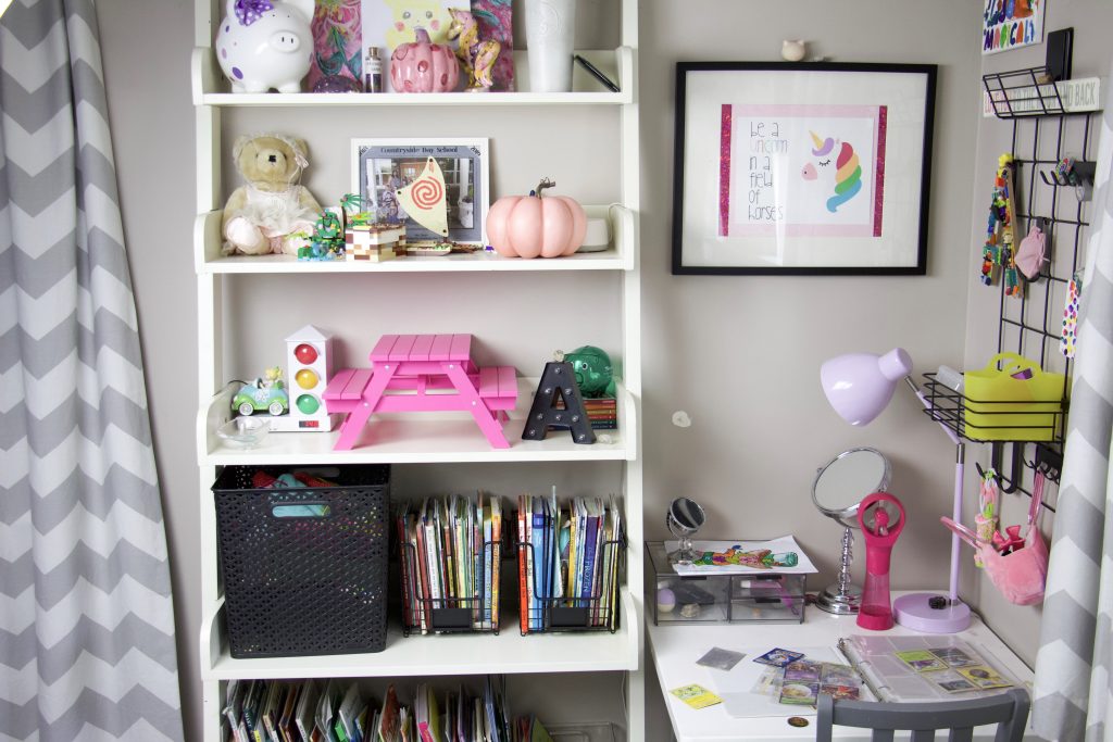 shelving and desk in elementary girls bedroom for one room challenge