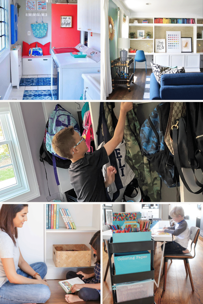 A collage of images shows different rooms in the home - a bedroom, kids playroom, mudroom, and kids play areas with kid-friendly functional decor.