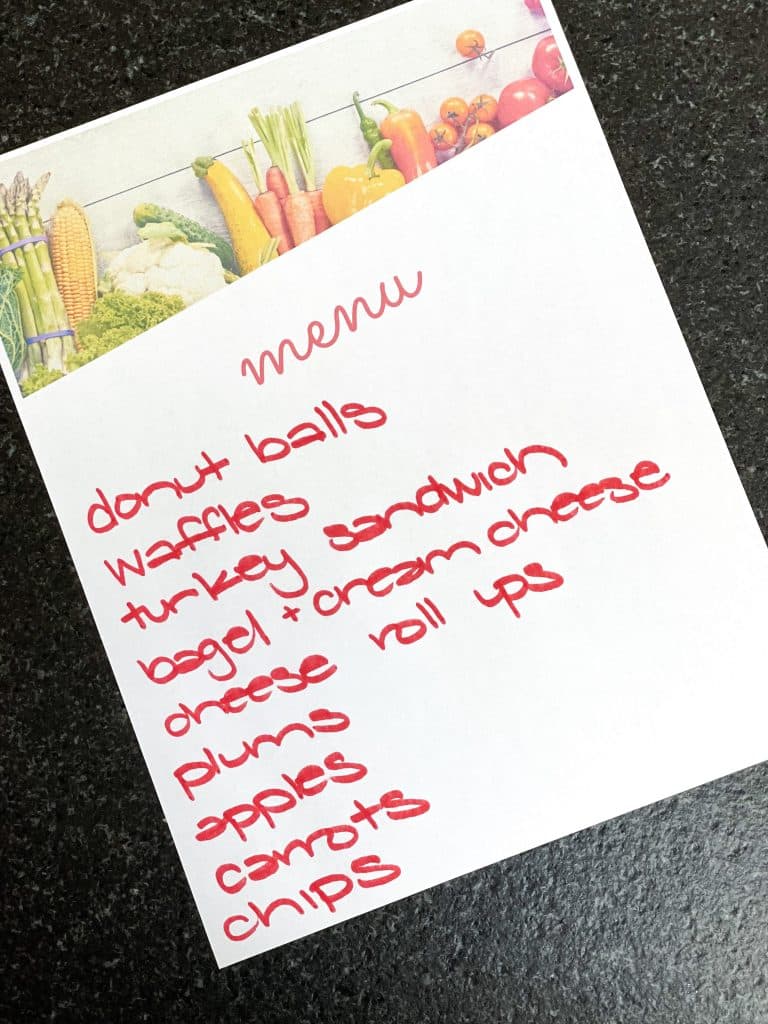 menu options for lunch and breakfast for the family