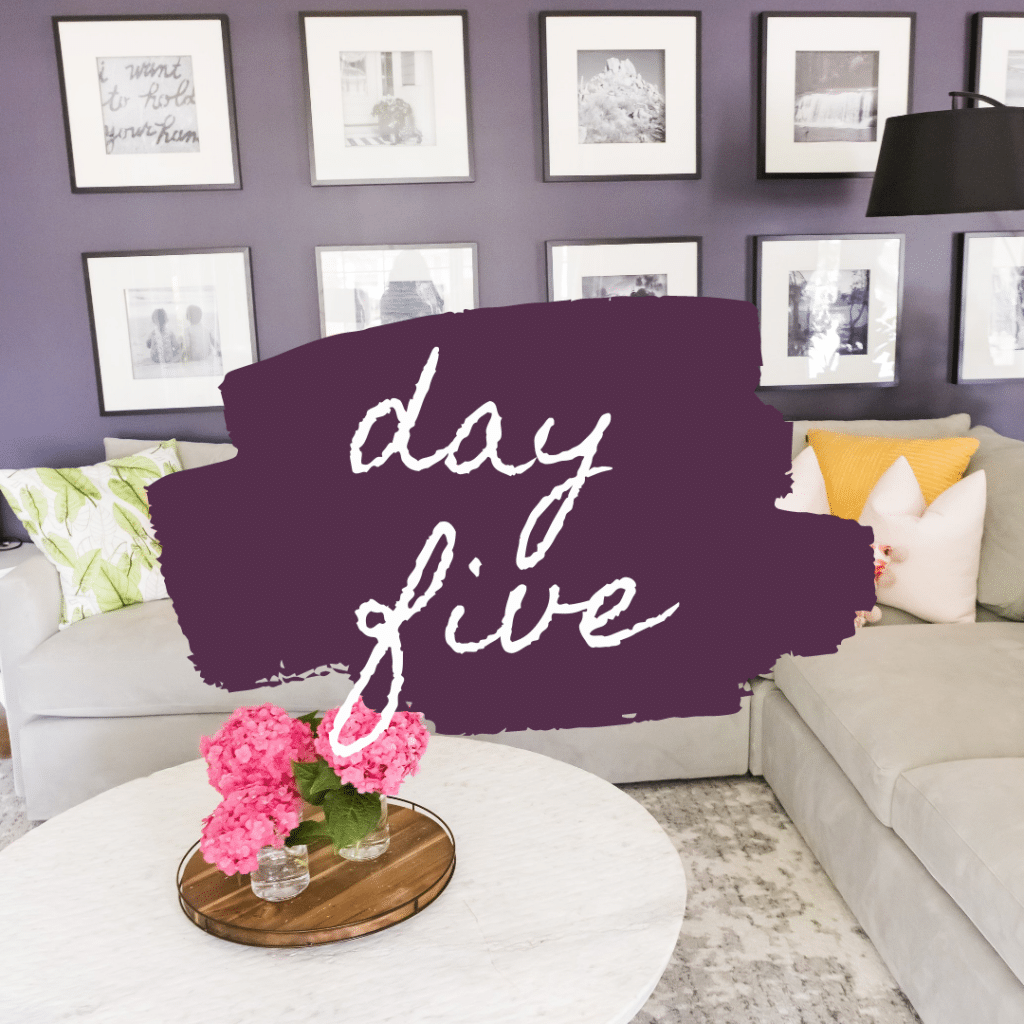 day 5 text over couch and pictures