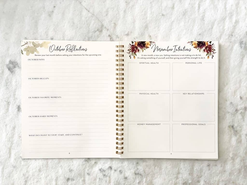 intentions and reflections pages in planner