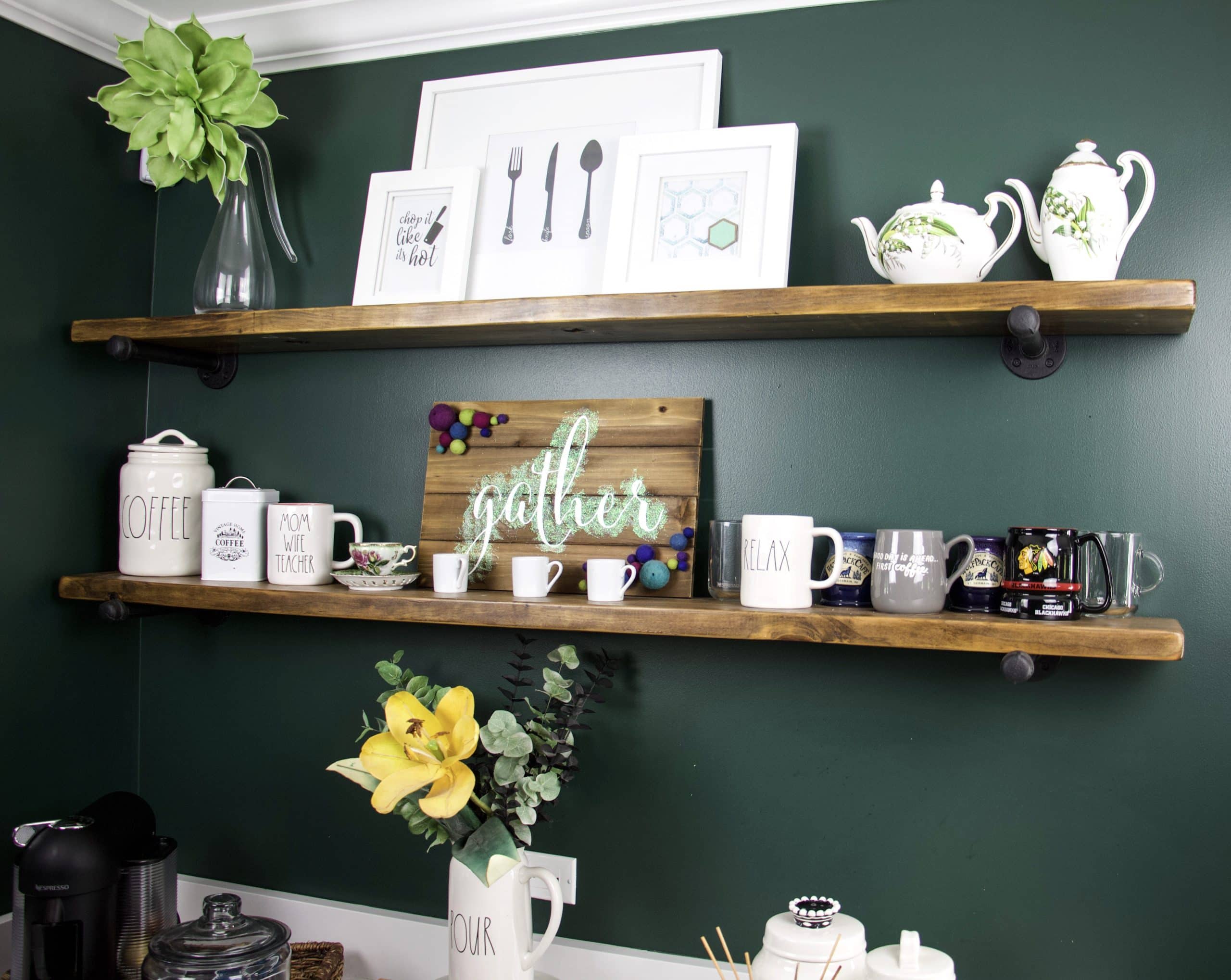 shelving with tea pots displayed