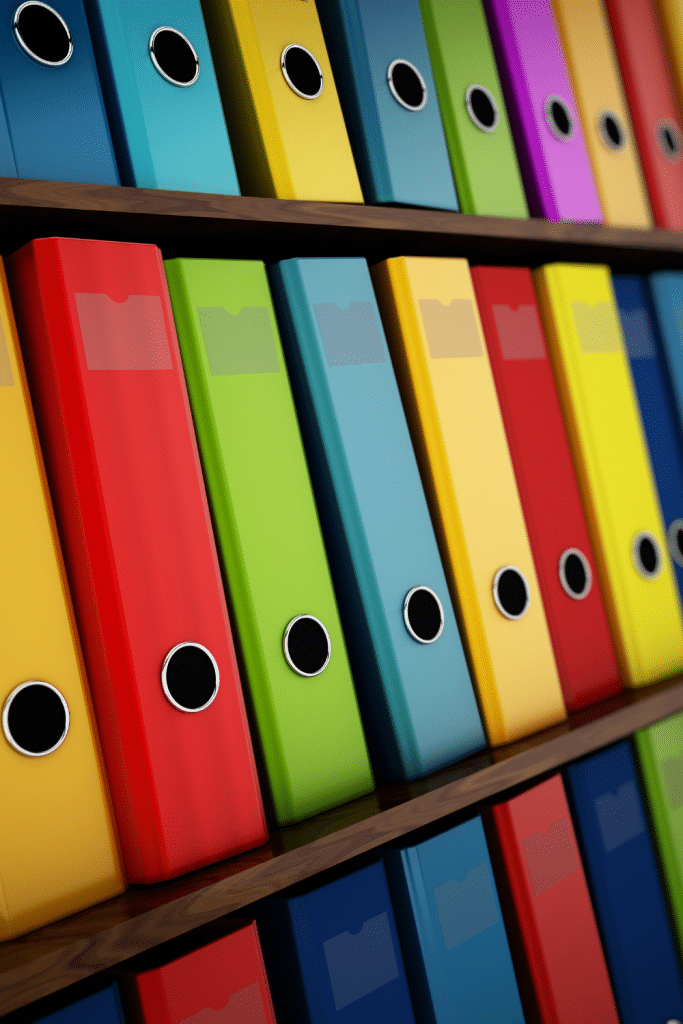 colorful magazine holders on shelves