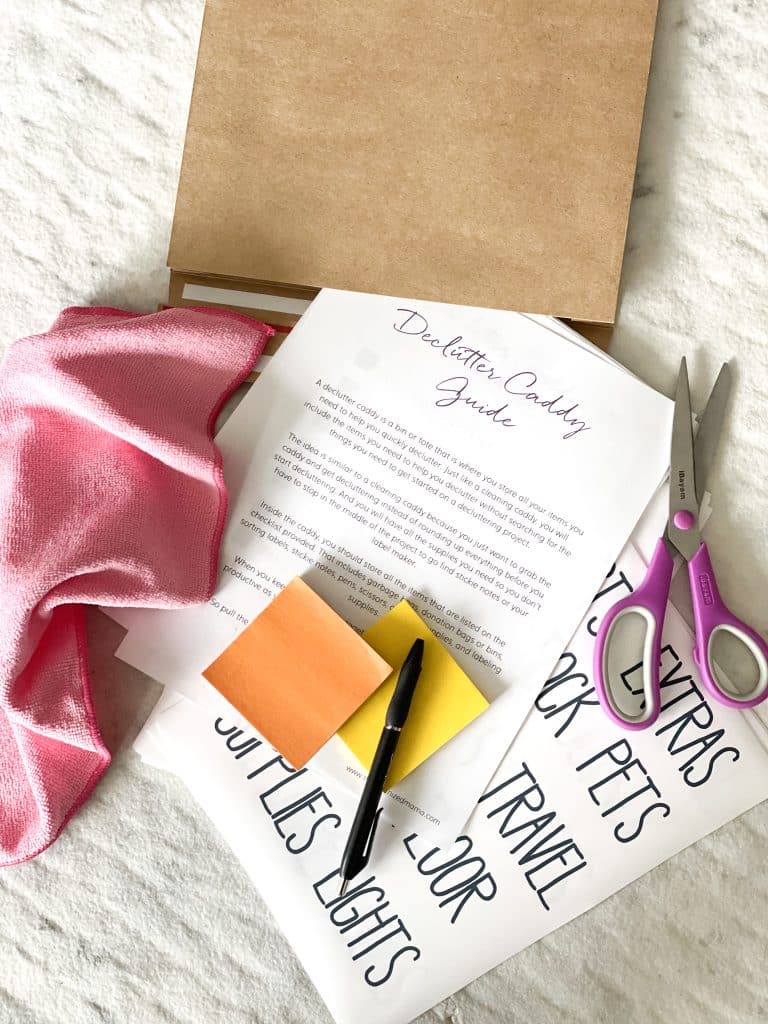 declutter caddie including label pack, rag, scissors, Post-It notes, pens, guidebook, checklists, and more