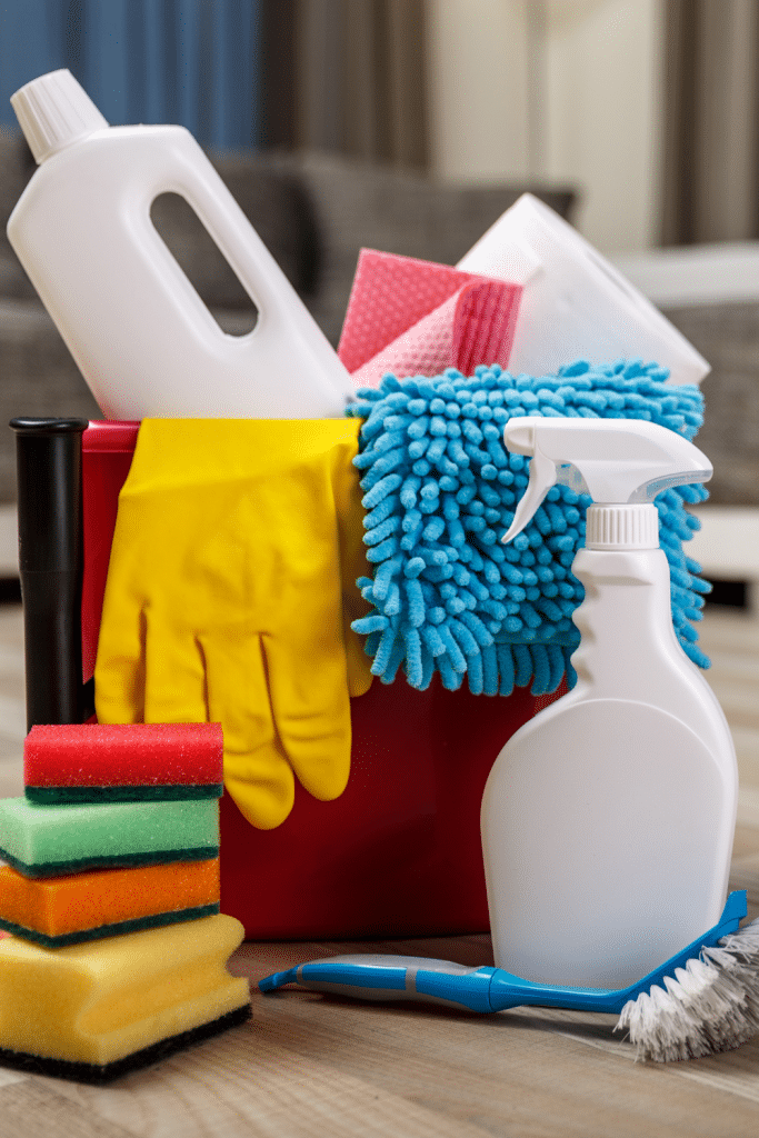 spring cleaning bucket with cleaning supplies
