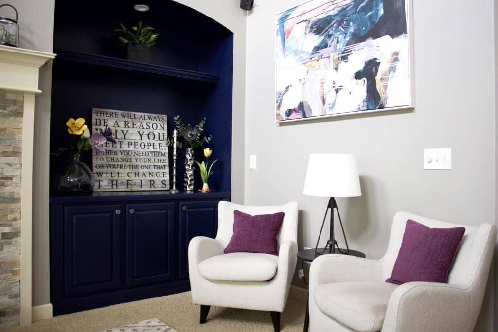 living room with painted cabinets