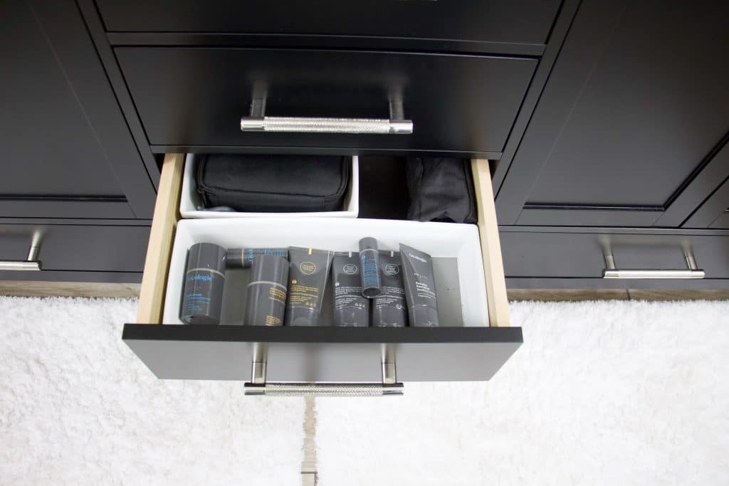 long drawer organizer in drawer with face wash