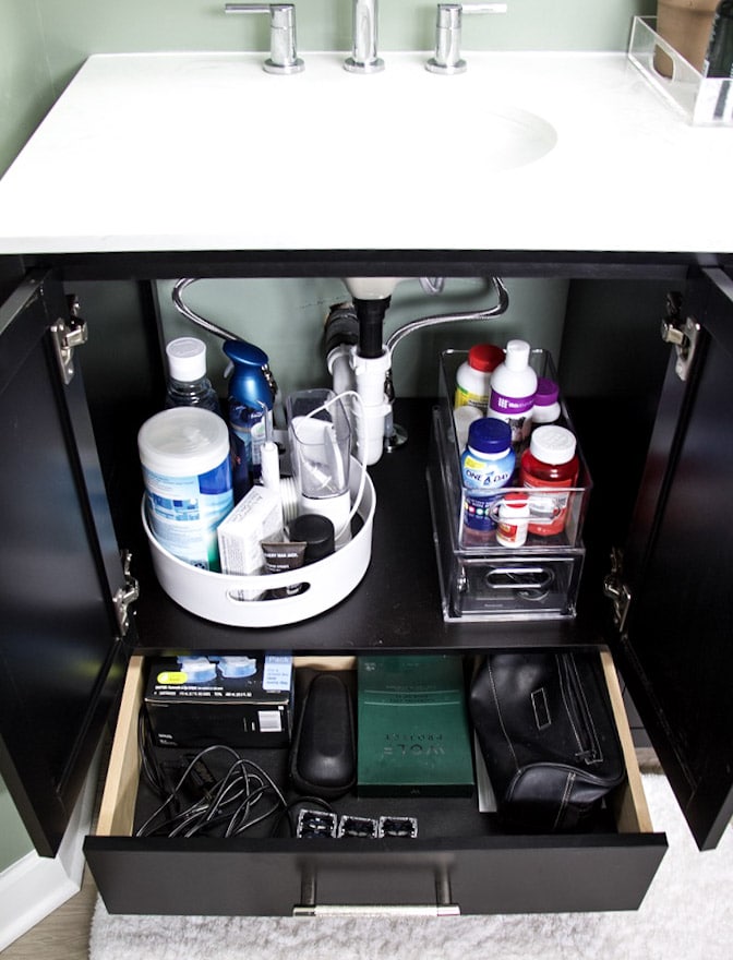 under bathroom sink organization ideas with pull out drawers and lazy susan