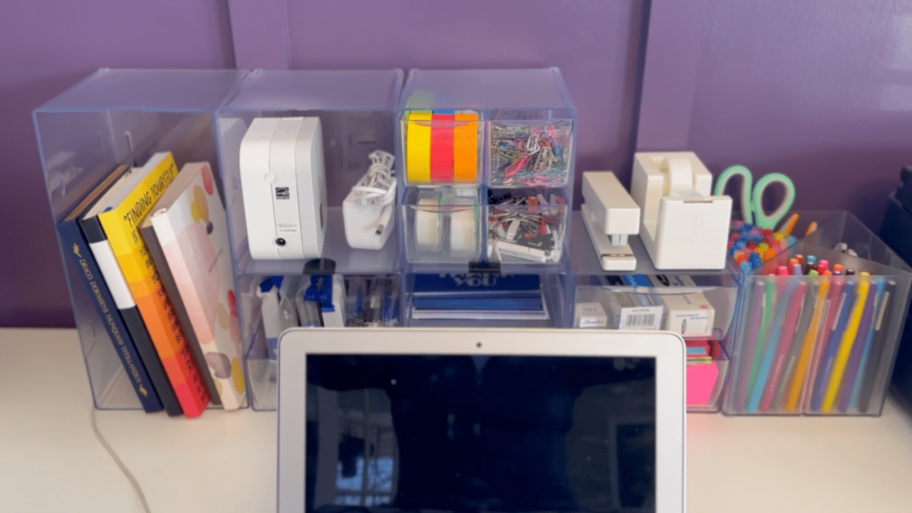 Work-from-home desk organization with deflecto products