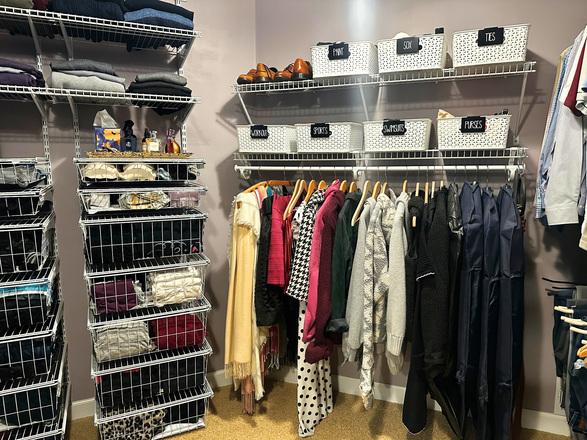 After image of walk in closet with wire drawers and hanging items